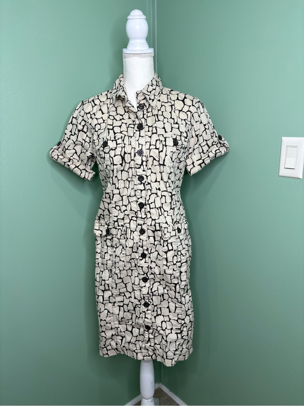 Neutral Tile-Print Button-Front Shirt Dress